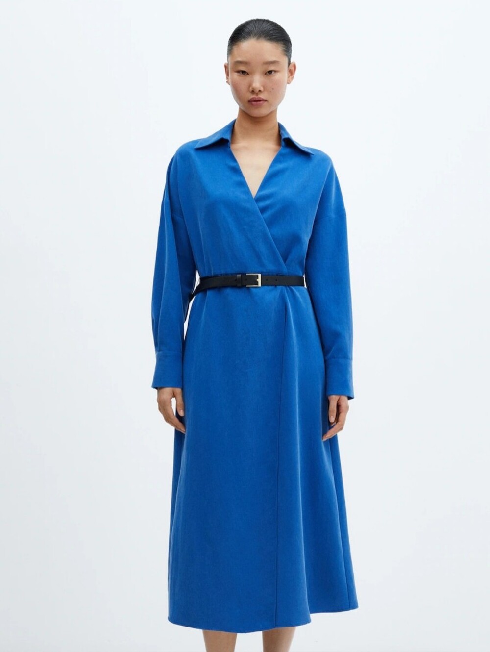 Mango Cobalt Blue Wrap Midi Dress with Black Belt